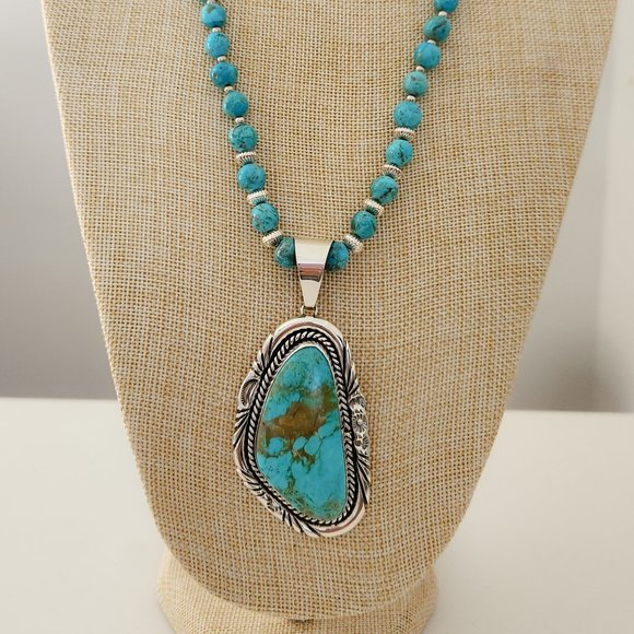 Navajo-made Royston Turquoise Beaded Sterling Silver Necklace, Pendant, Earrings - Picture 1 of 6